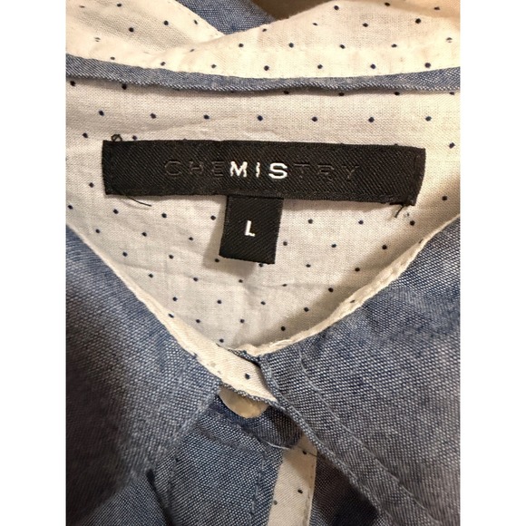 CHEMISTRY Blue Chambray Embroidered Crest Long Sleeve Button Up Shirt Size L - Picture 4 of 8